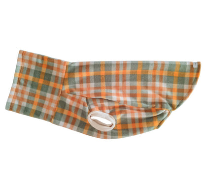 A fall plaid dog sweater in orange and green checkered pattern.