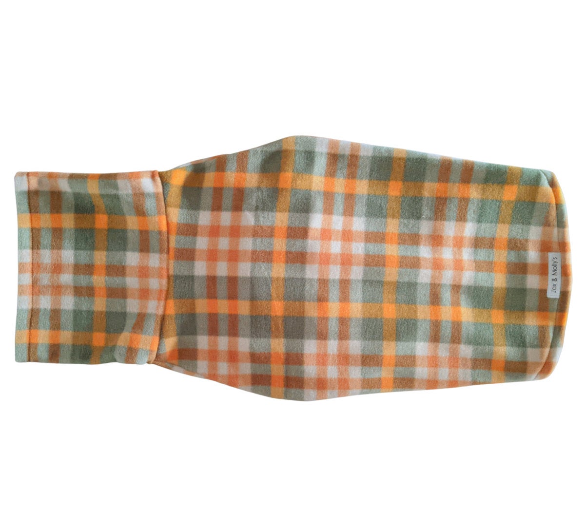 Jax & Molly's fall themed dog sweater in a orange and green plaid
