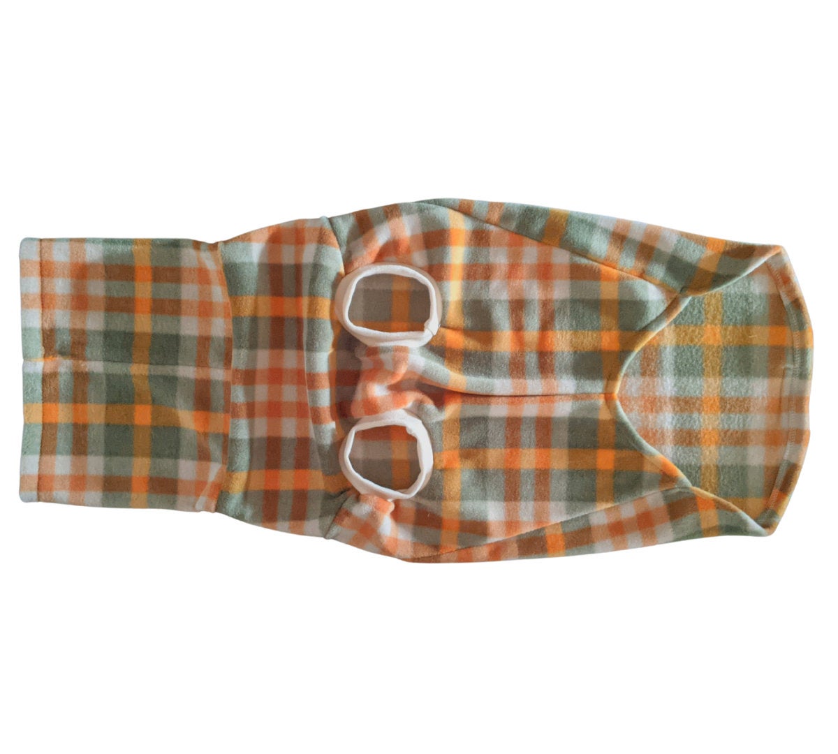 Jax & Molly's fall themed dog sweater underbelly in a orange and green plaid