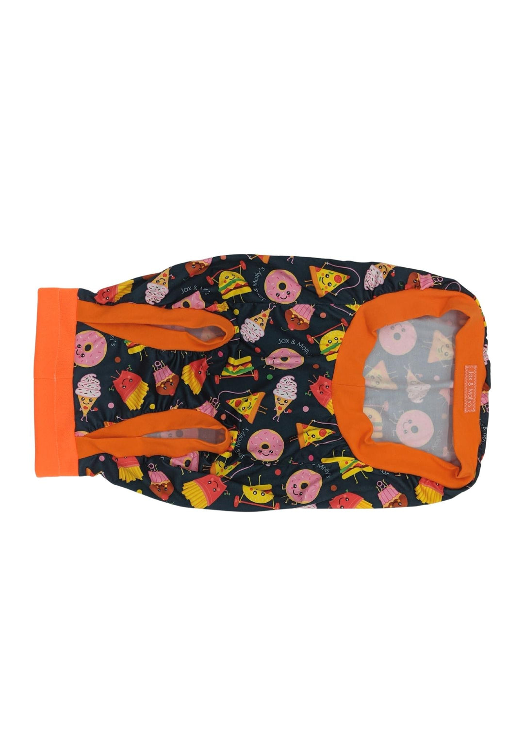 Underbelly profile of Jax & Molly's Fitness Junkies Dog pajamas that feature an adorable animated print of junk foods exercising complimented by an orange neck, sleeve and waist trim .