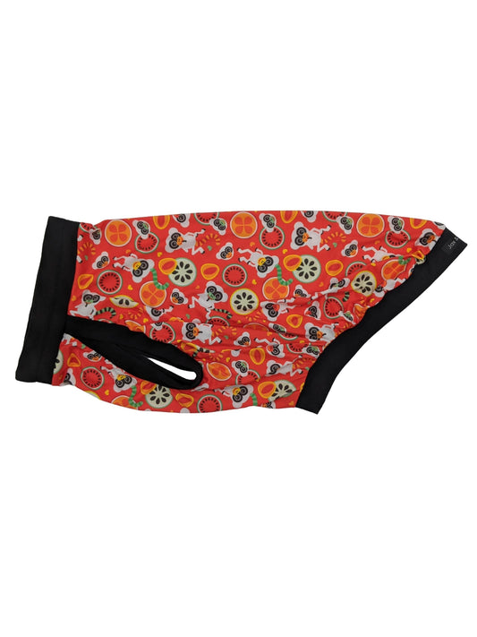 Red dog pajamas featuring an adorable lemur and fruit-themed accents
