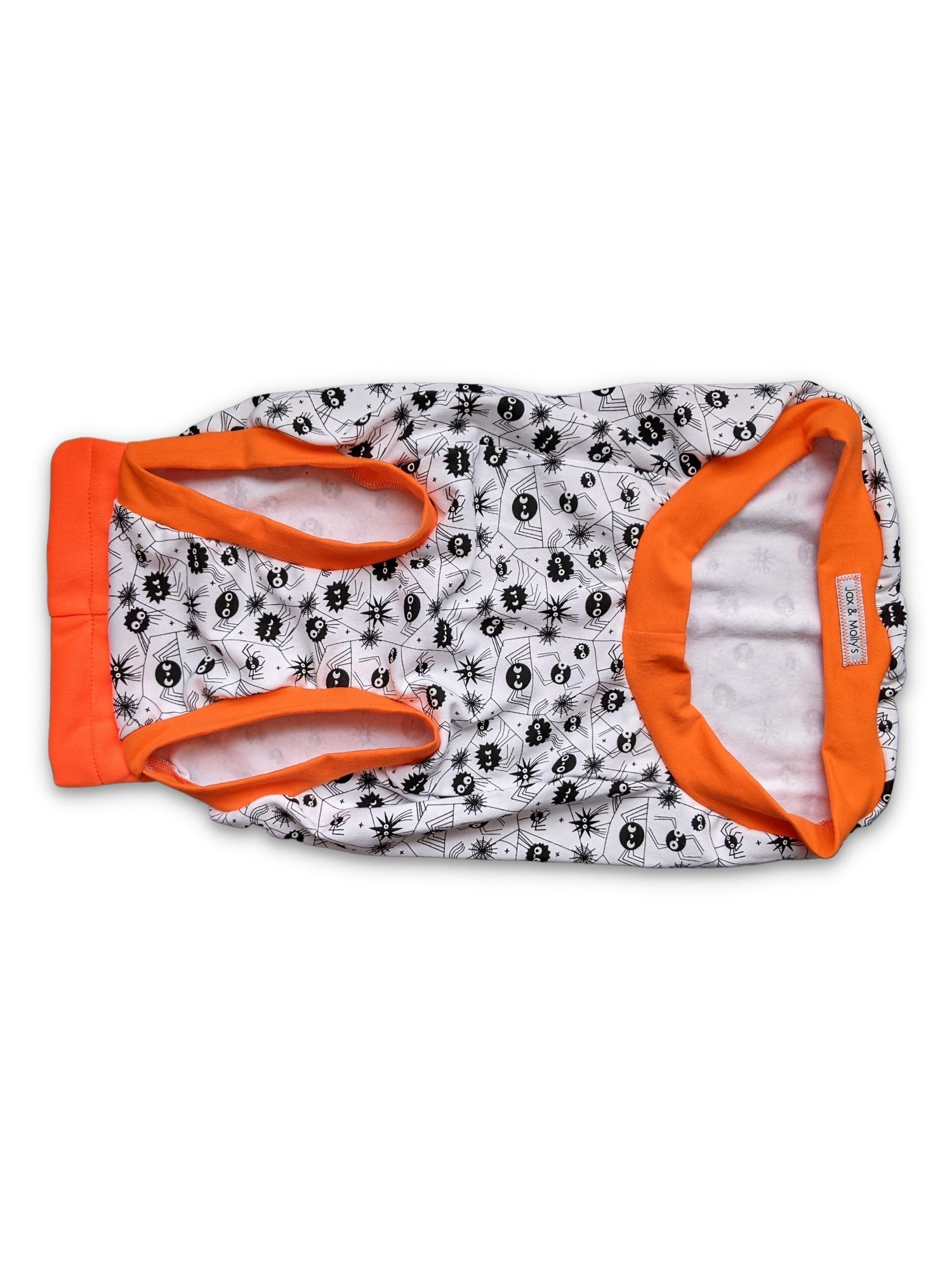 Underbelly profile of a Halloween Dog Muscle Tank adorned with a glow-in-the-dark spider design, accented by vibrant orange trim around the neck, sleeves, and waistband on a white background.