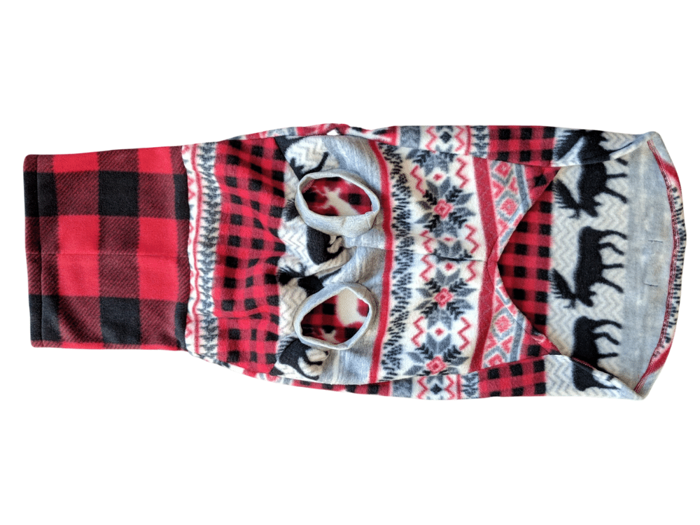 Fleece buffalo plaid dog sweater with moose pattern shown from the underside