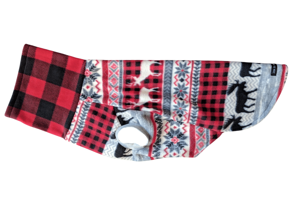 Fleece buffalo plaid dog sweater with moose pattern shown from the side