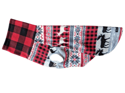 Fleece buffalo plaid dog sweater with moose pattern shown from the side