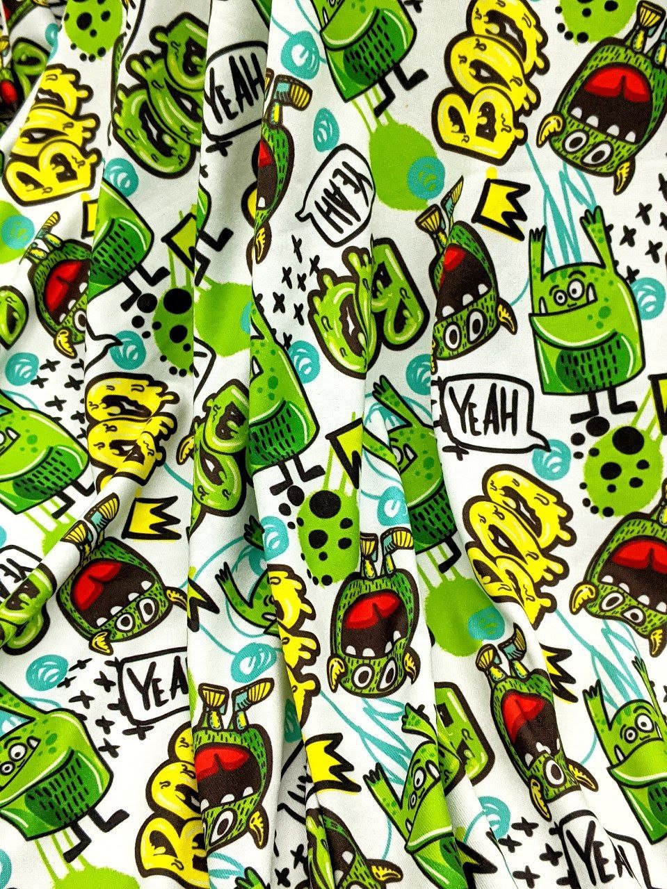 An image of lightweight fabric with a design of green graffiti goblins as an option for dog pajamas