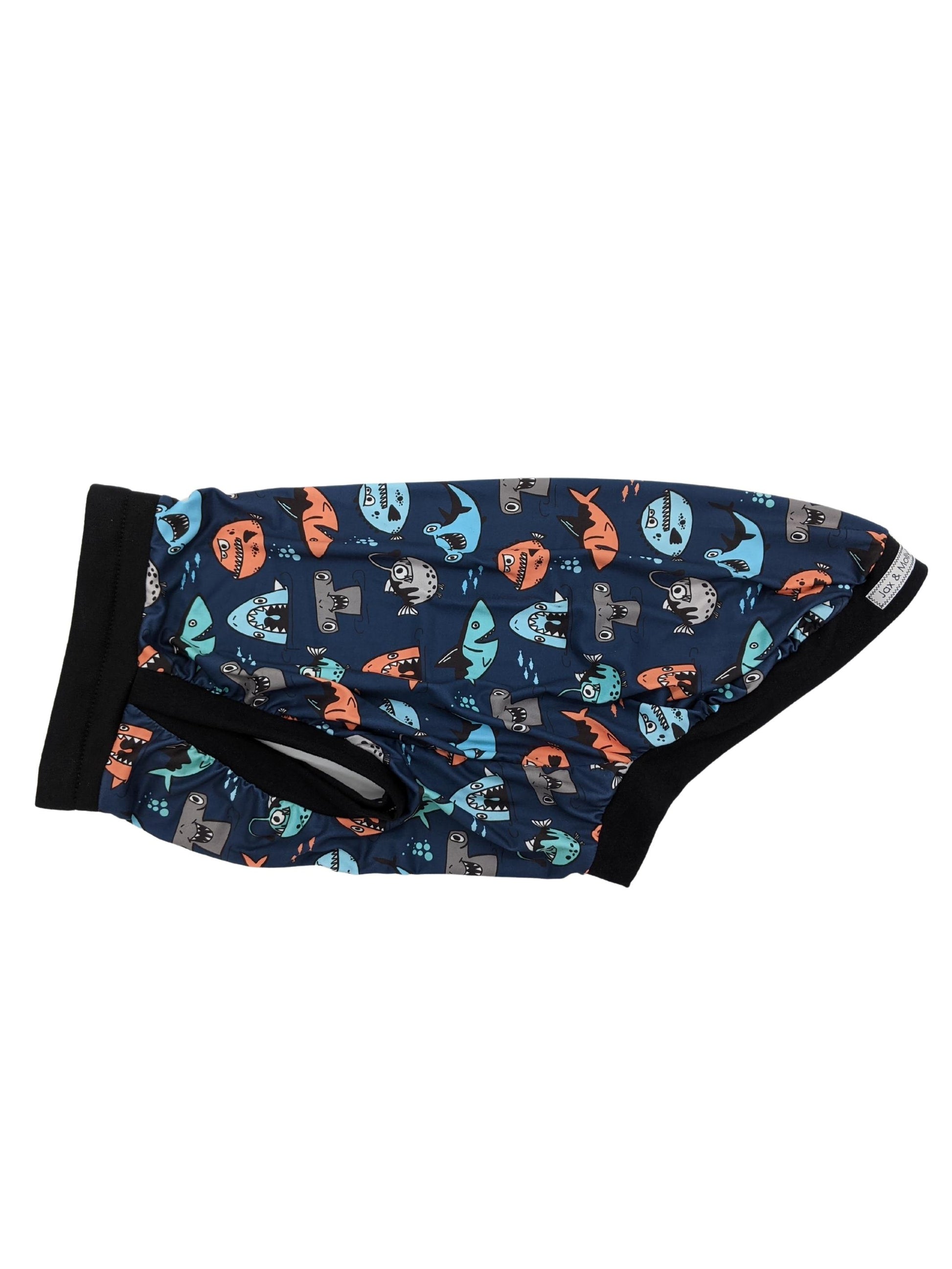 Mischievous Fish & Sharks dog pajamas featuring colorful shark print with black CottonSpandex trim