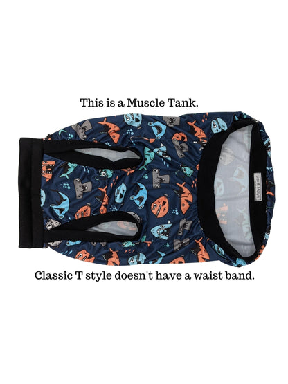 Mischievous Fish & Sharks dog pajamas featuring colorful shark print with black CottonSpandex trim - underbelly view