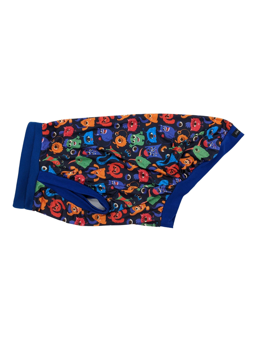 Lightweight polyester dog pajamas with a vibrant silly monster design
