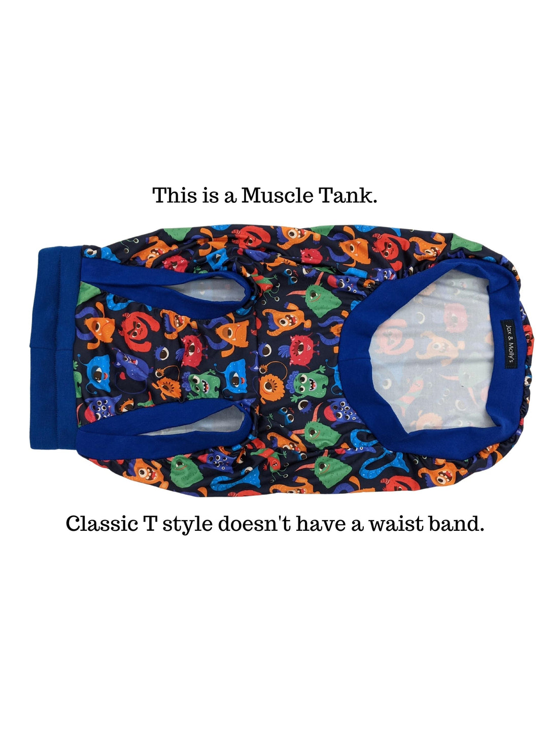 Side profile lightweight polyester dog pajamas with a vibrant silly monster design
