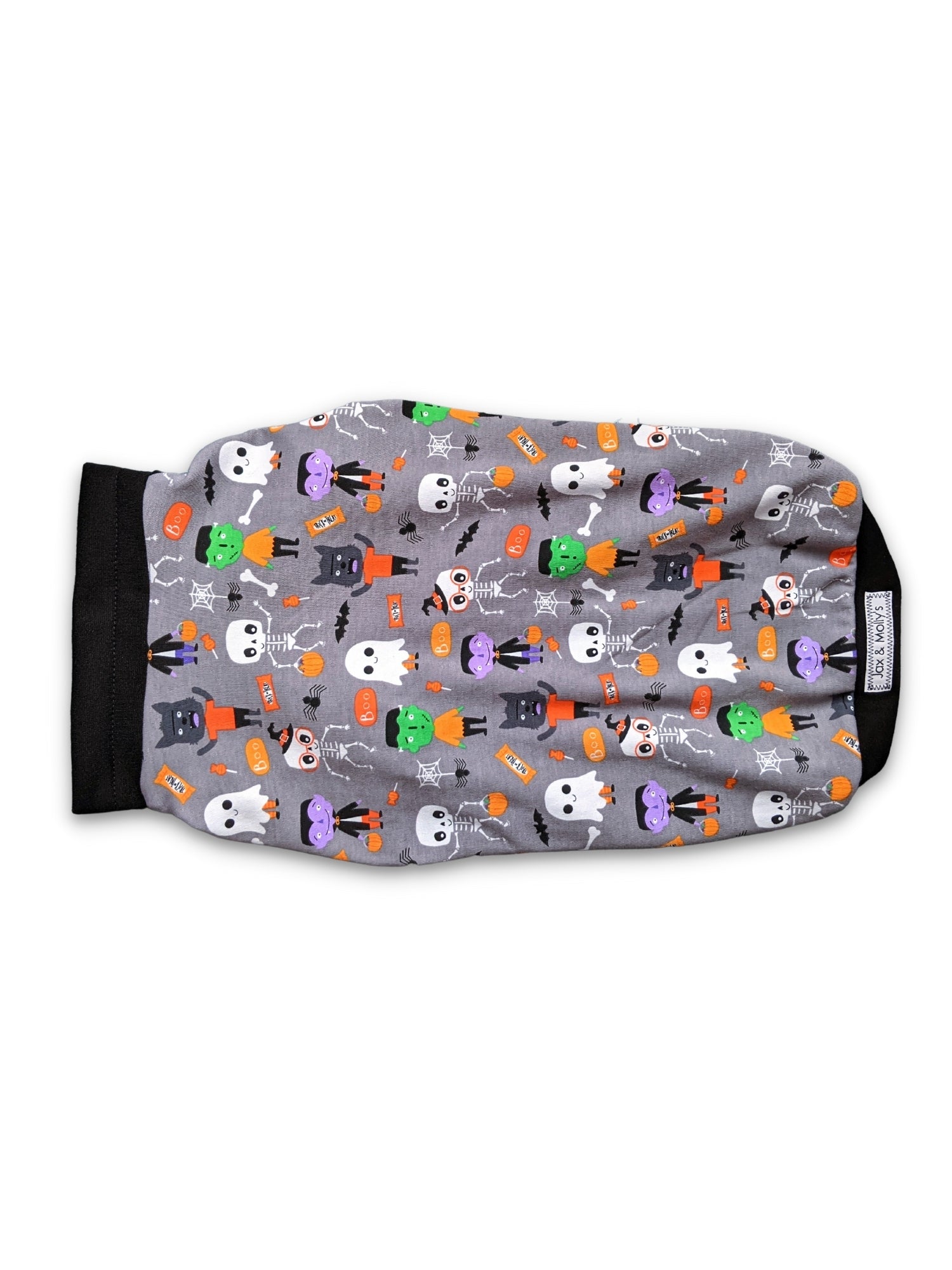 Back view of the monster squad Halloween Dog Muscle Tank by Jax & Molly's, featuring a playful print of iconic monsters like Dracula and Frankensteins accented with black trim on a white background.