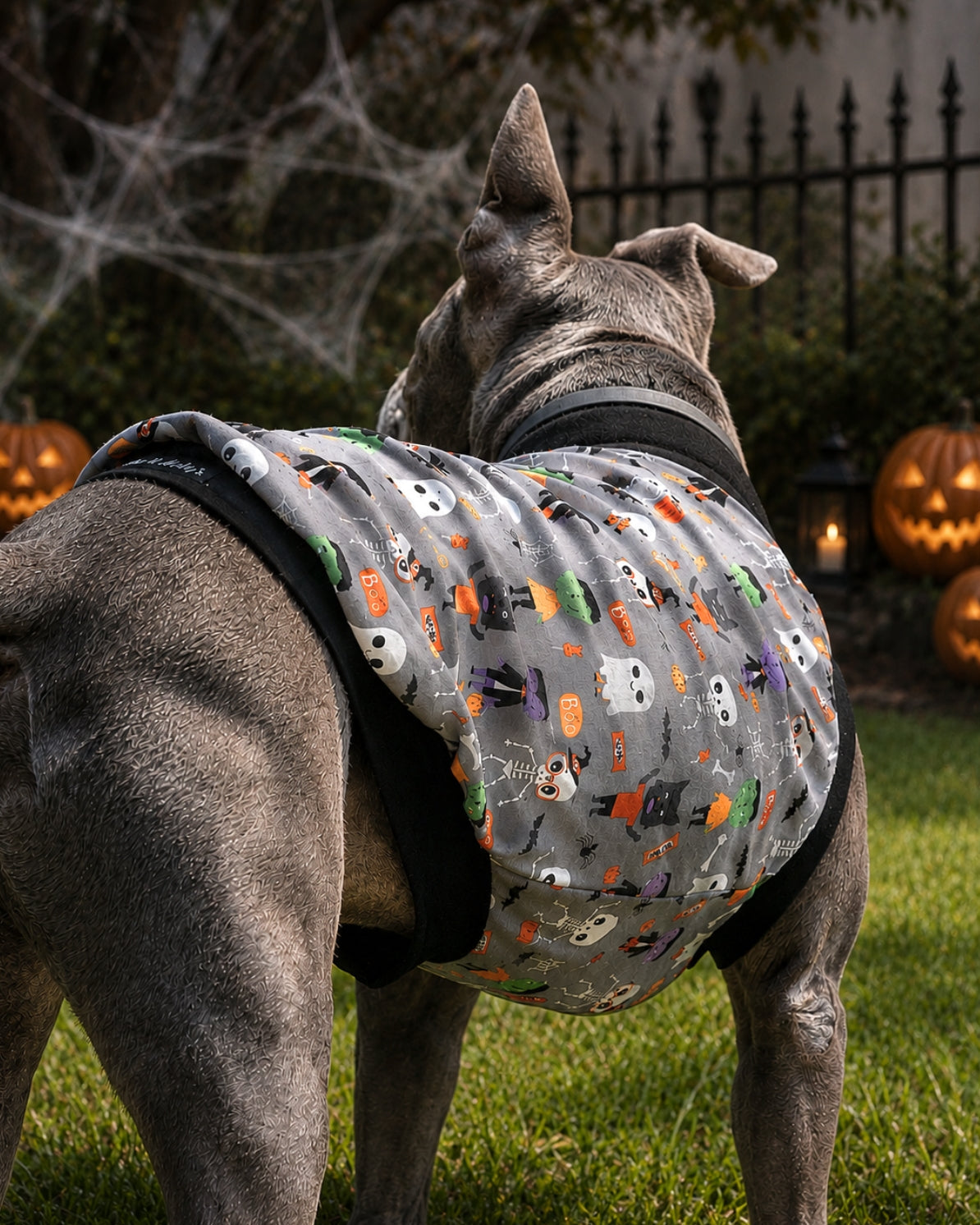 Back view of Monster Squad cotton-spandex Halloween dog pajamas showing the Muscle Tank fit and black trim.