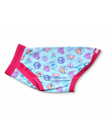 Side view of Peaceful Sunset dog pajamas with fuchsia trim on white background