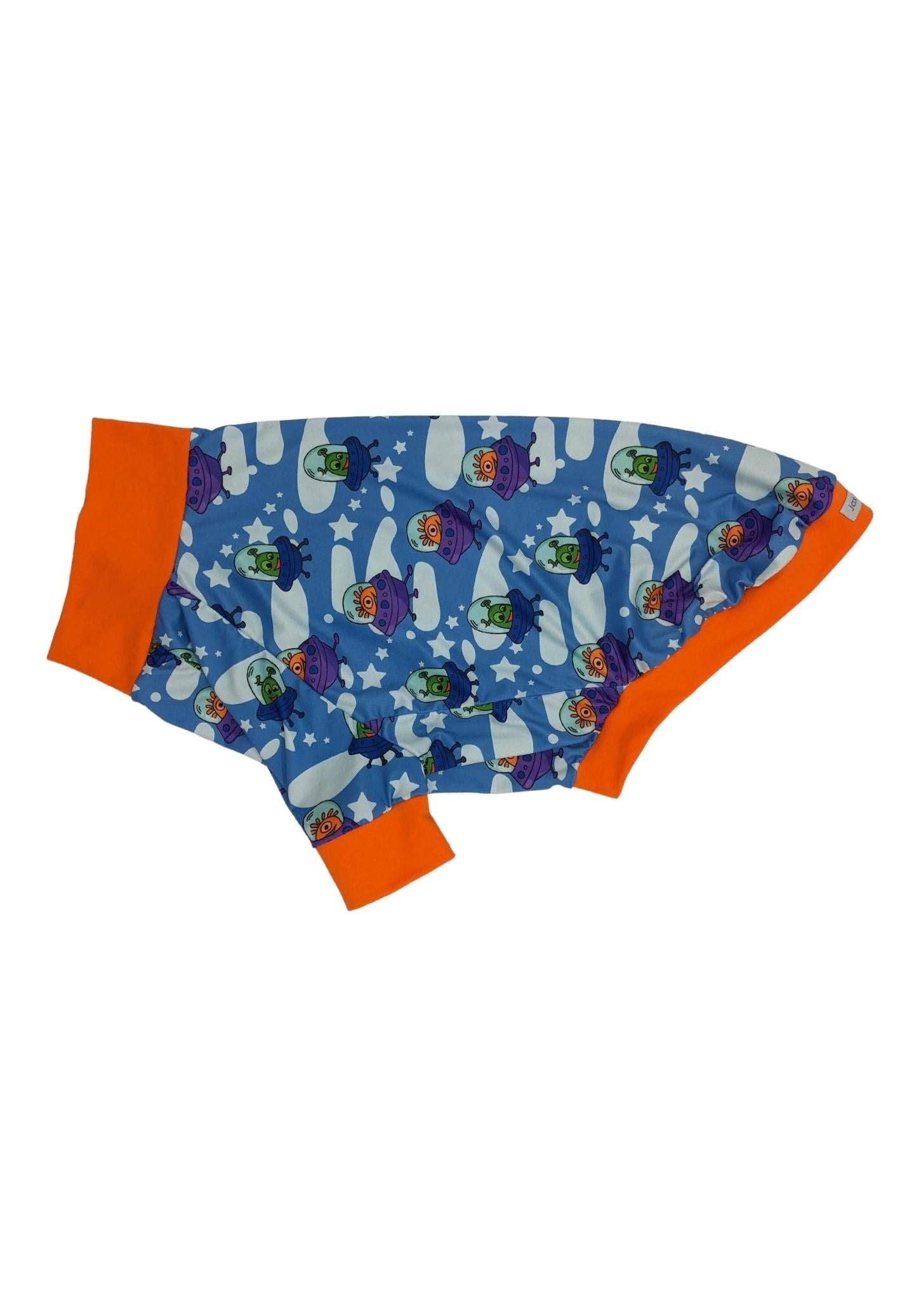 Playful Aliens dog pajamas with alien and UFO print and soft CottonSpandex trim in orange