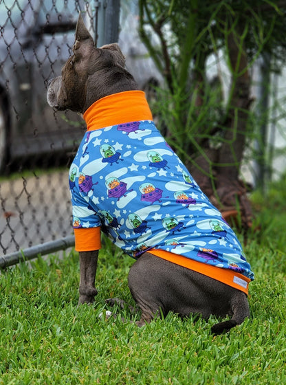 Dog sitting in Playful Aliens dog pajamas showing full back print and comfortable fit