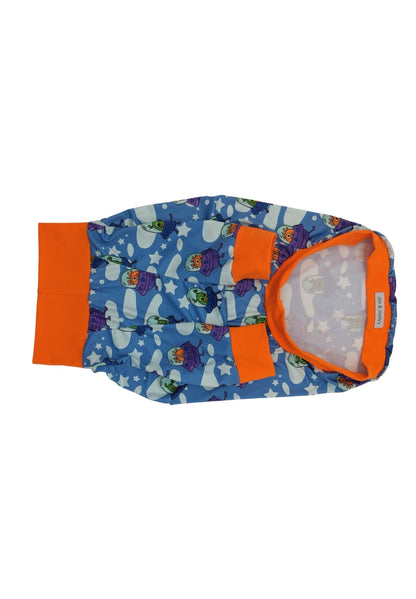 Close-up of Playful Aliens dog pajamas fabric featuring colorful aliens and UFO pattern