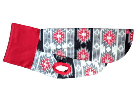 Side display of Jax & Molly's striking Aztec fleece dog sweater in red, gray, white, and black colors and paired with a vibrant red sweatshirt turtleneck.