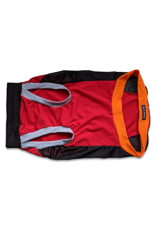 Athletic dog jersey tank in red and black with armhole detail