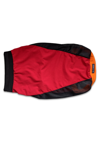 Breathable red and black dog jersey tank with mesh back panel