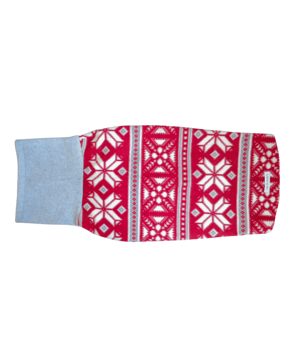 Backside of a red and grey fairisle dog sweater with a Christmas pattern and a grey turtleneck