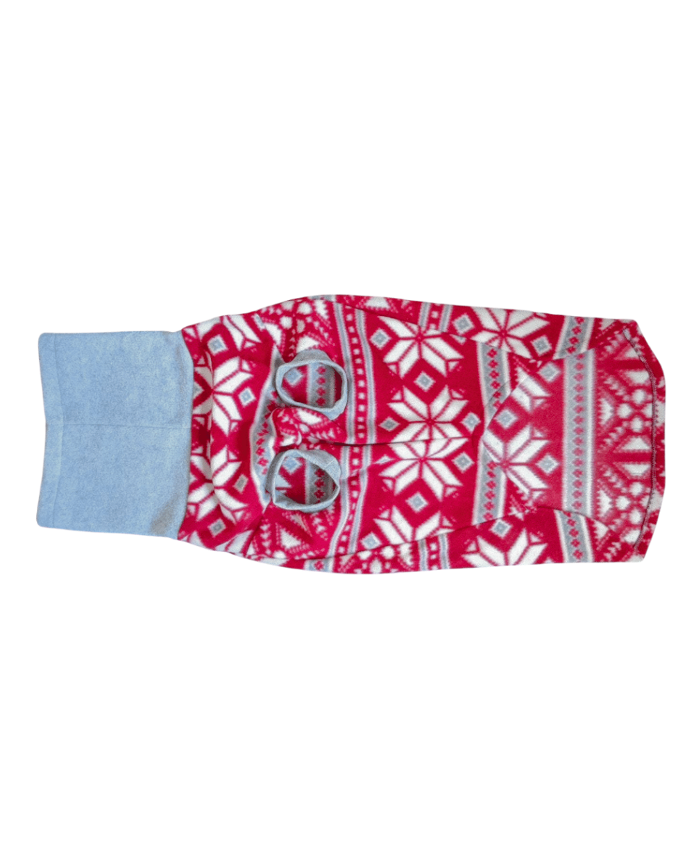Underbelly view of a red and grey fairisle dog sweater with a Christmas pattern and a grey turtleneck
