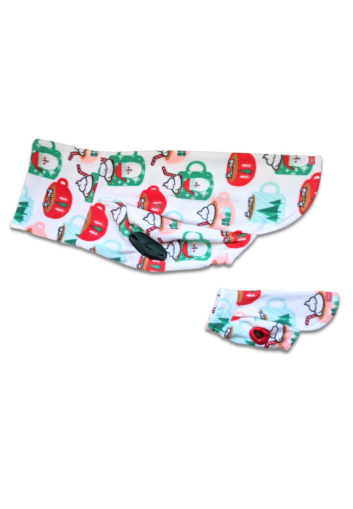 Display of two different size holiday dog sweaters with a print of cocoa mugs adorned with Santa faces and pine trees on white background.