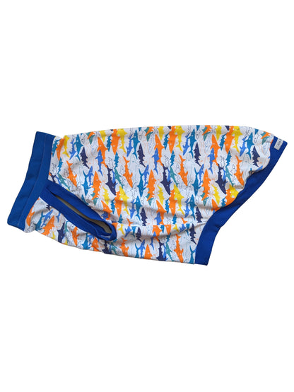 Shark print cotton dog pajamas with blue trim