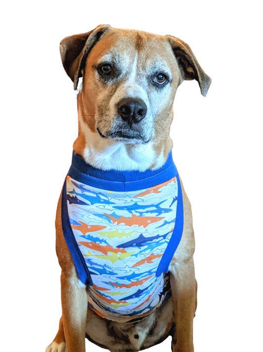 Dog wearing shark pattern cotton pajamas, sleeveless tank style
