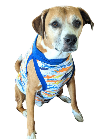 Dog wearing shark pattern cotton pajamas, sleeveless tank style