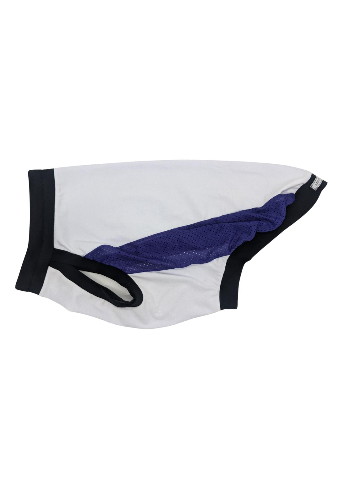 Side view of a white, purple, and black dog sports jersey displayed on a white background, showcasing the black trim and mesh side panels