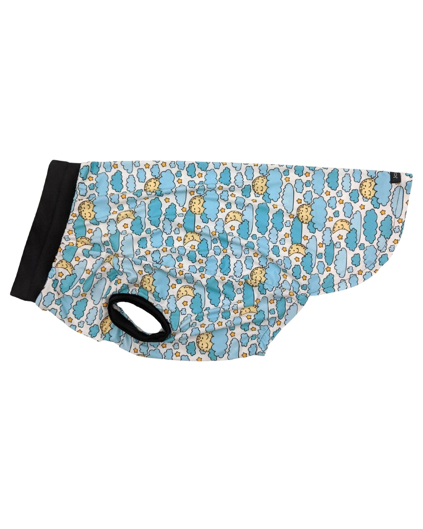 Sleepy Moon dog pajamas with moon and cloud print, side view showing black trim displayed in a Classic T style
