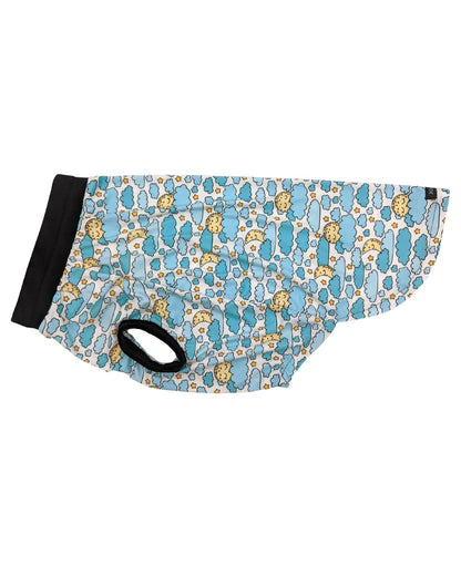 Sleepy Moon dog pajamas with moon and cloud print, side view showing black trim displayed in a Classic T style