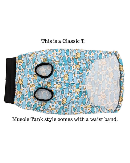 Underbelly of dog pajamas with moon and cloud print, shown with black trim.