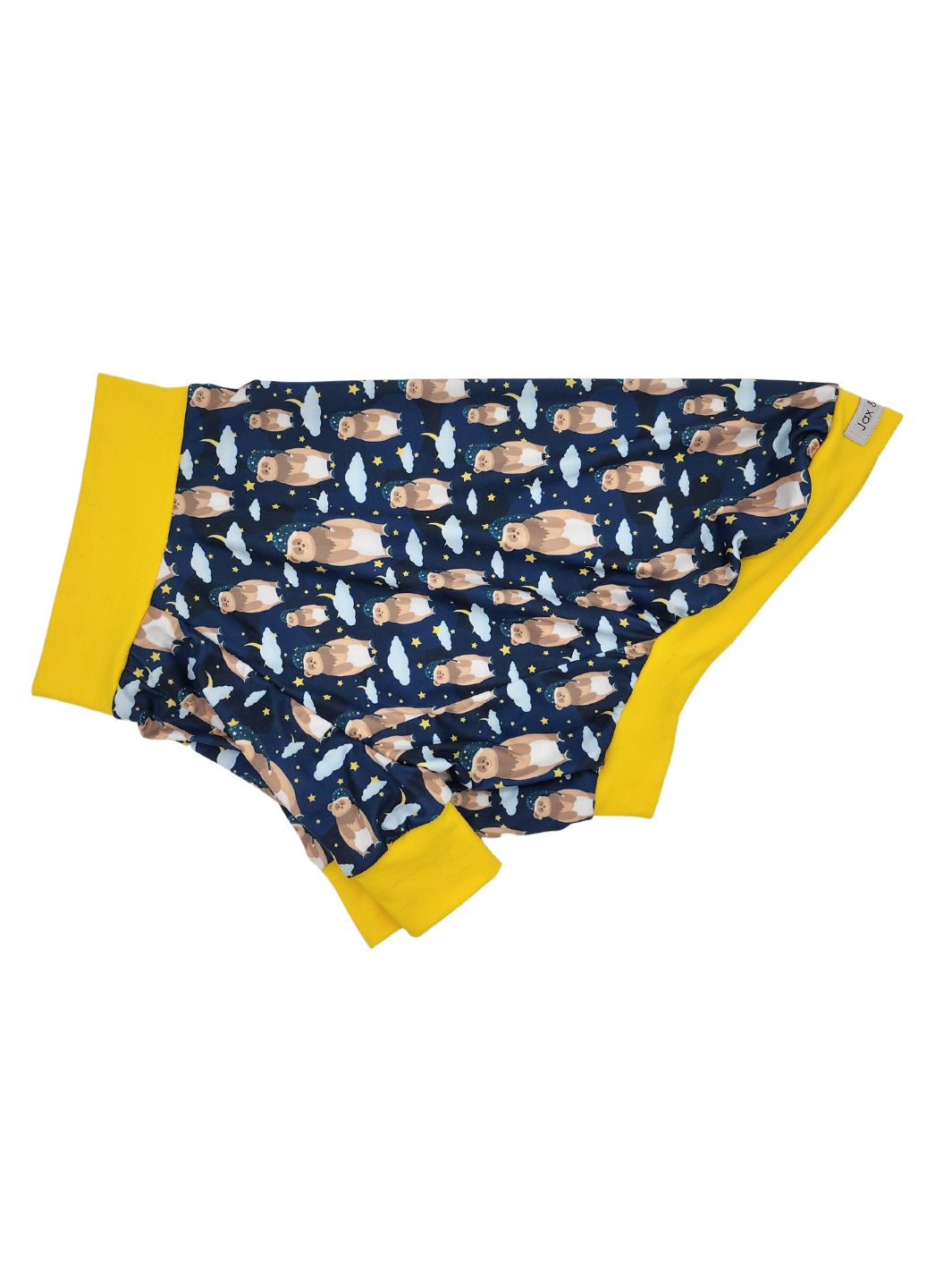 A pair of dog pajamas with a blue background and a pattern of bears drifting in the clouds, featuring a yellow waistband.