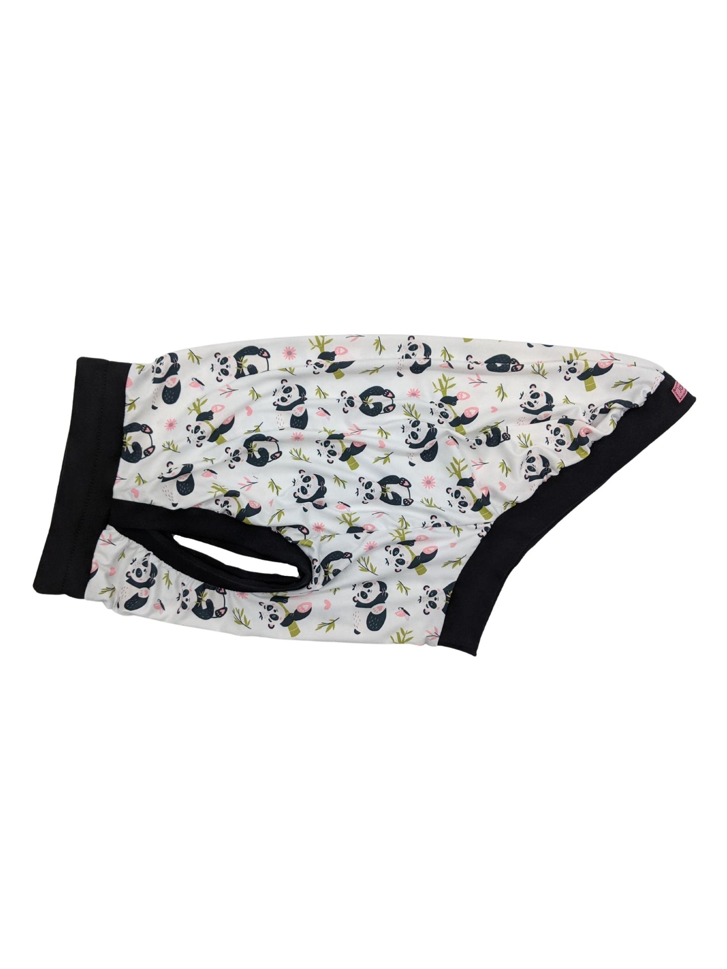 Lightweight dog pajamas with a panda print on white with black trim