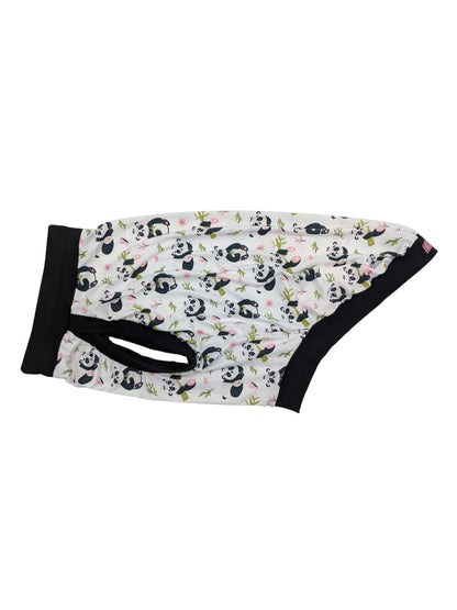 Lightweight dog pajamas with a panda print on white with black trim