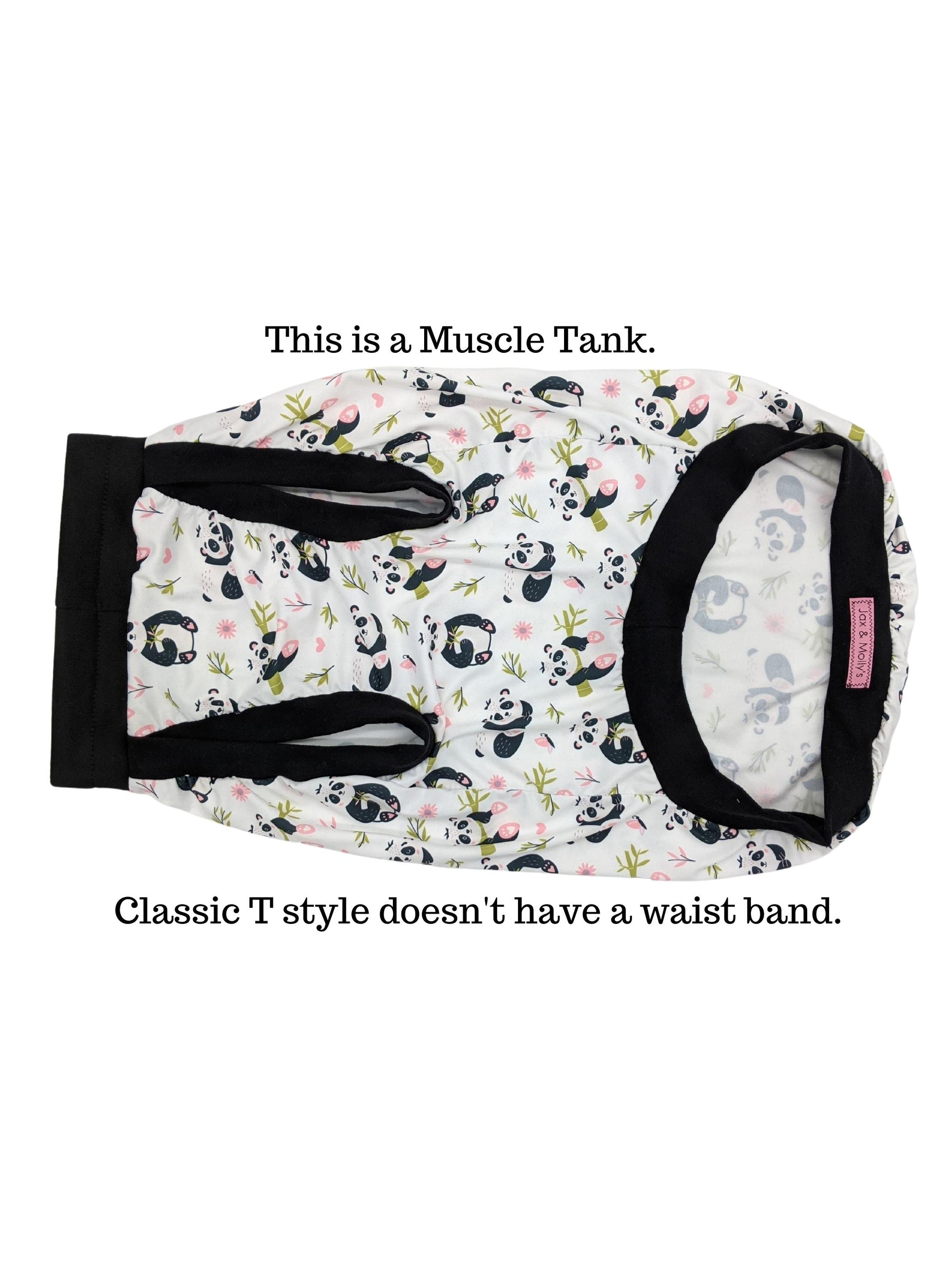 Tank style dog pajamas with a panda print and black trim