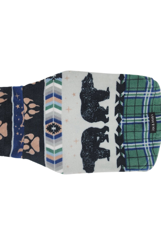 Backside view of a charming dog sweater featuring bear, bear paw prints along with a green plaid backdrop and accents.