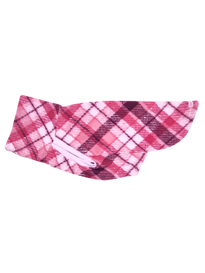 Side display of Jax & Molly's Bubble Gum Pink Plaid Dog Sweater in the muscle tank style option.