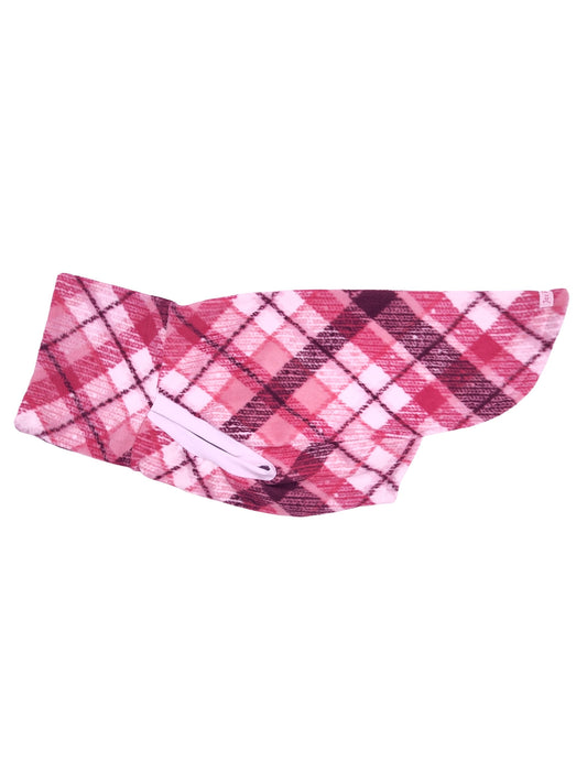 Side display of Jax & Molly's Bubble Gum Pink Plaid Dog Sweater in the muscle tank style option.