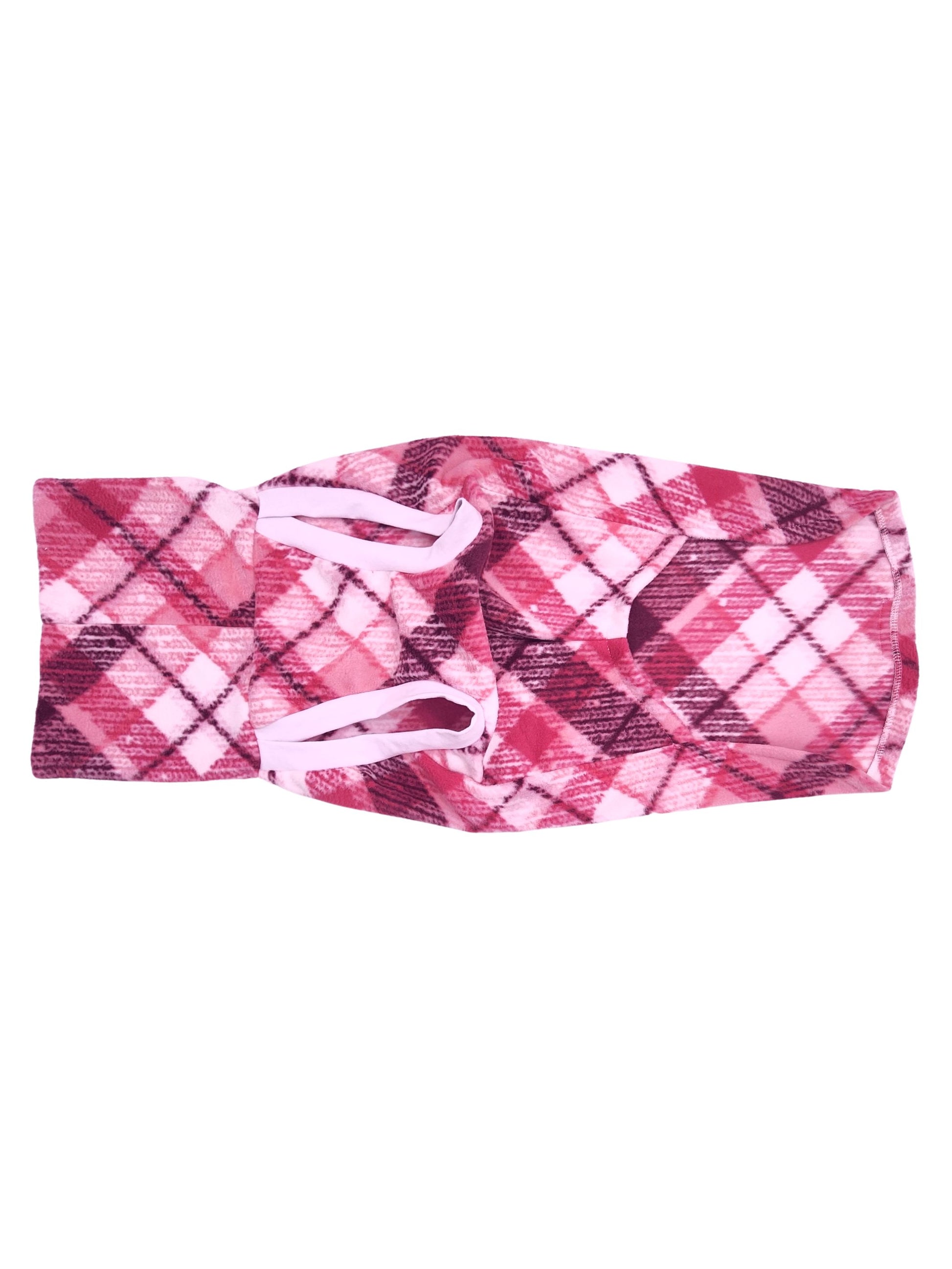 Underbelly view of Jax & Molly's Bubble Gum Pink Plaid Dog Sweater in the muscle tank style option.