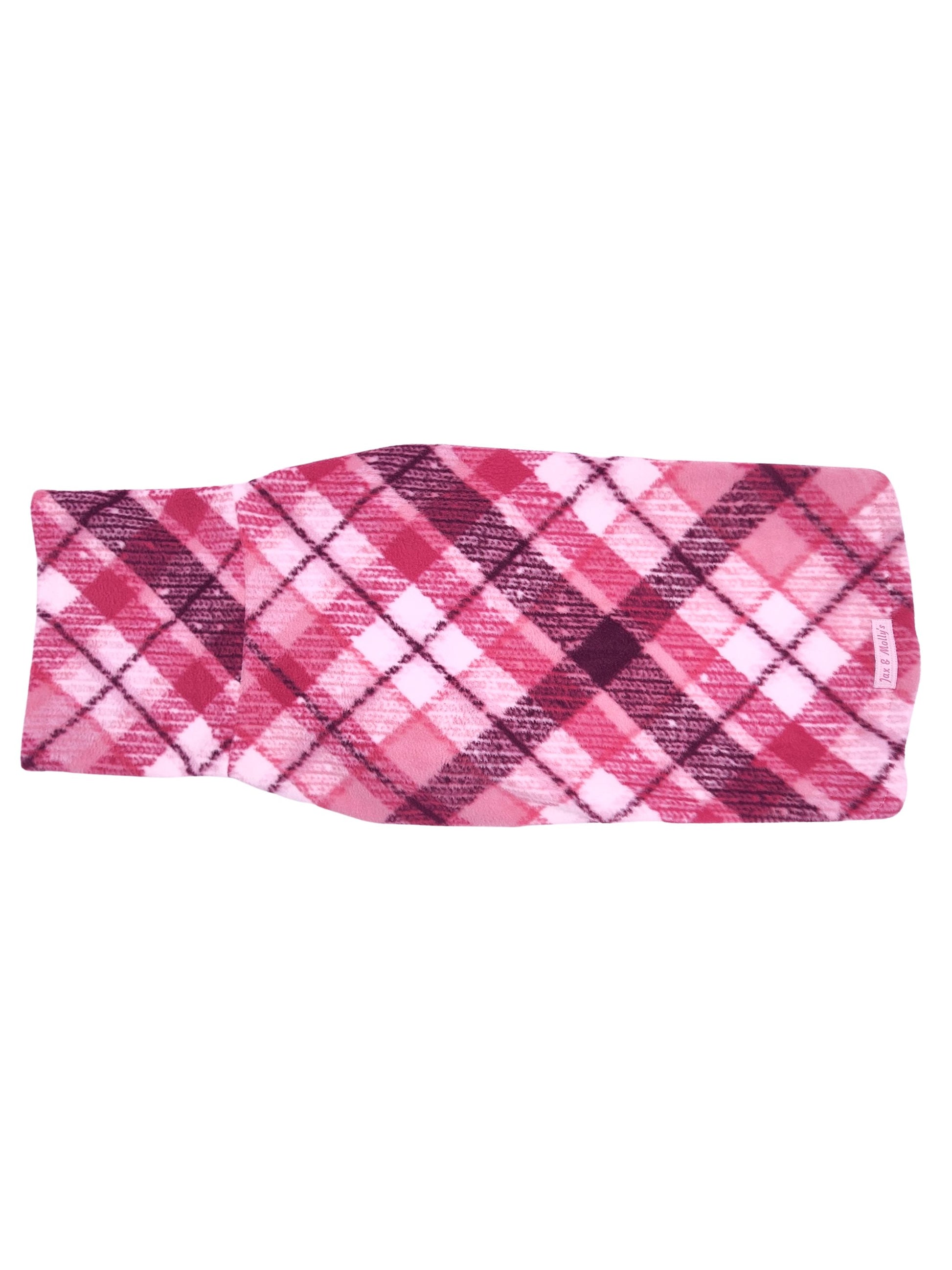 Back view of Jax & Molly's Bubble Gum Pink Plaid Dog Sweater.