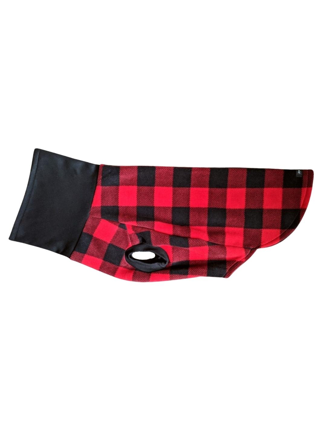 Side profile of Jax & Molly's stunning red and black buffalo plaid dog sweater.