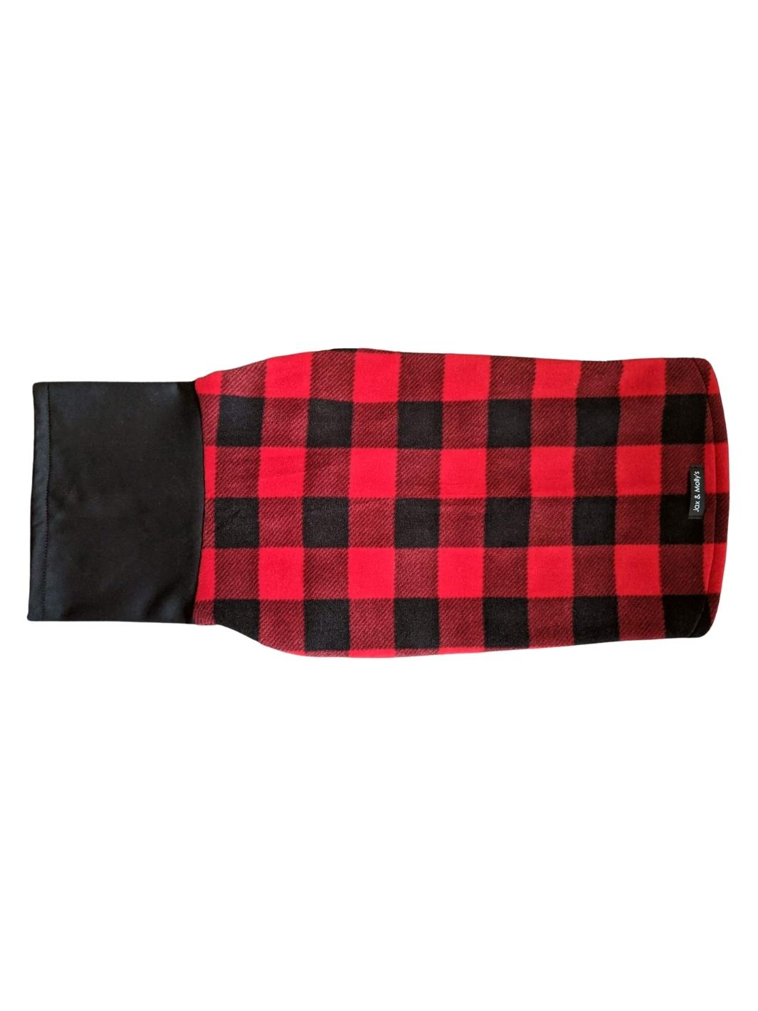 Back view of Jax & Molly's stunning red and black buffalo plaid dog sweater.