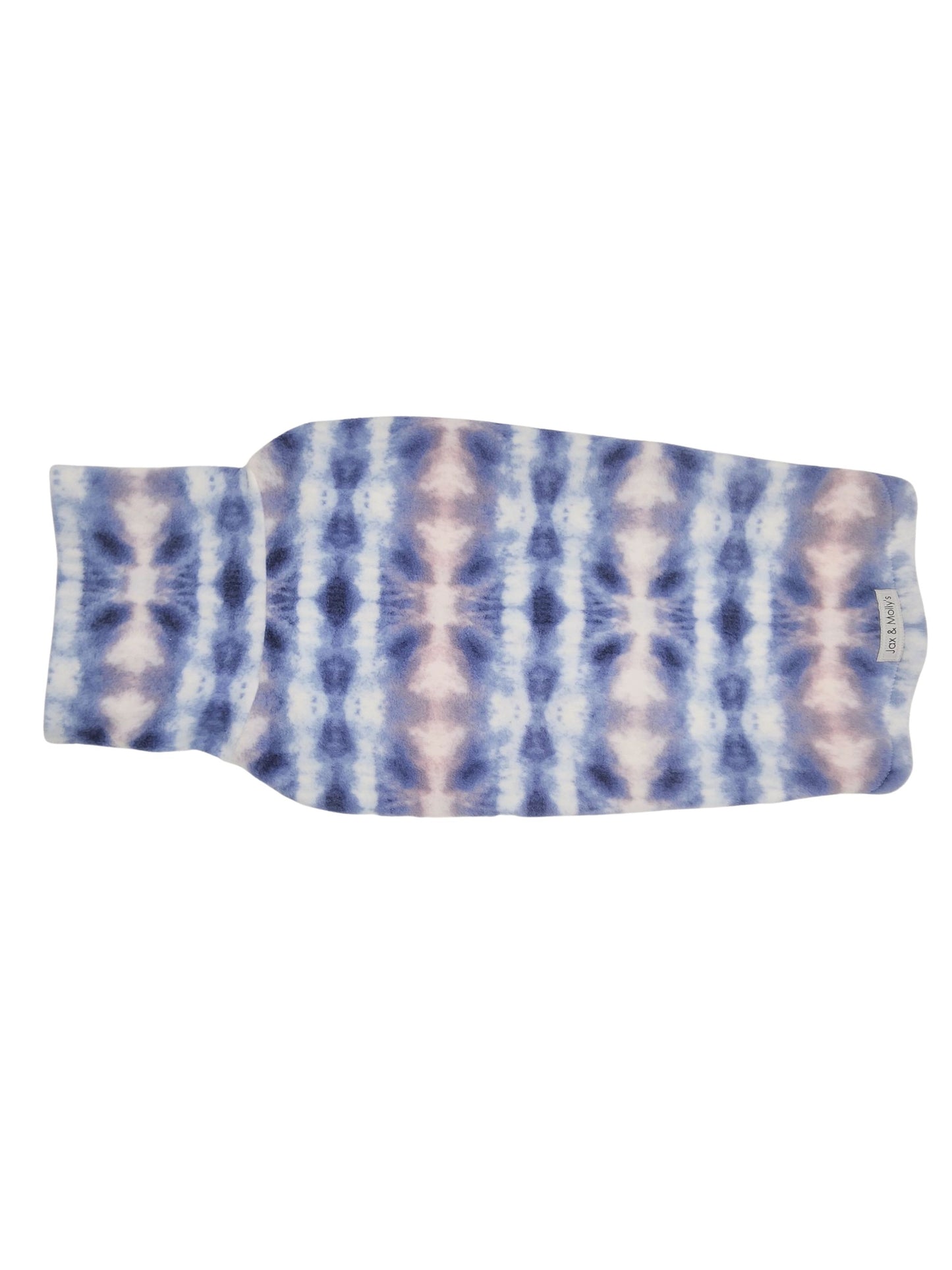 Back view of purple pink tie-dye fleece dog sweater.