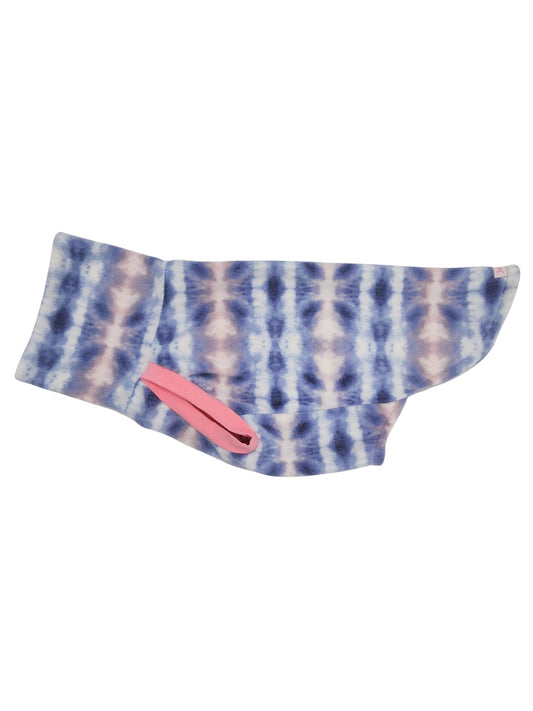 Side view of Jax & Molly's purple pink tie-dye style fleece dog sweater with pink trim.