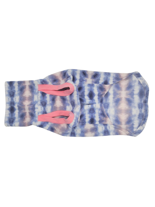 Underbelly view of Jax & Molly's purple pink tie-dye style fleece dog sweater with pink trim.