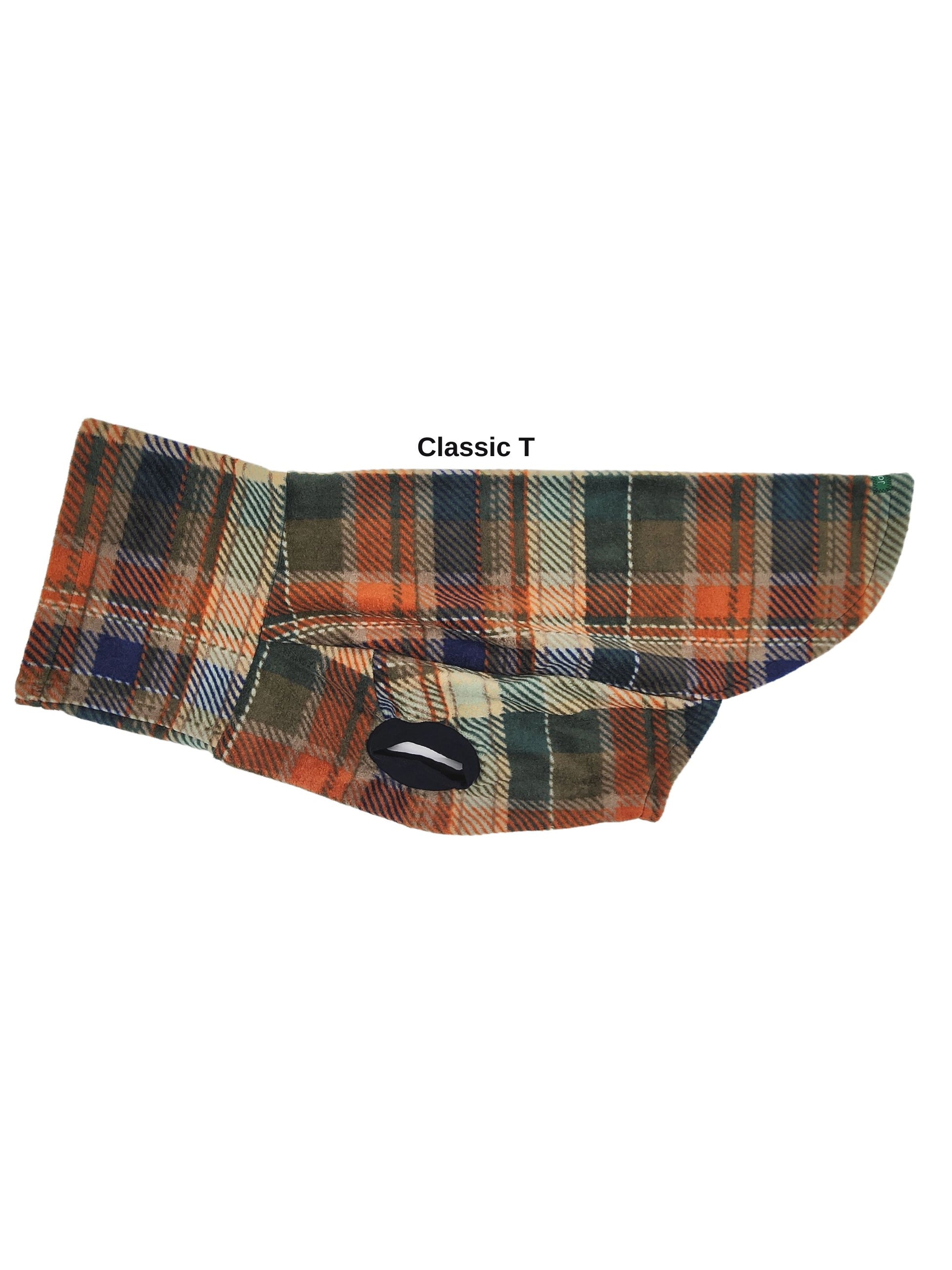 Side view of the Classic T style, Jax & Molly's Harvest Tartan Dog Sweater with a rustic  orange, green and blue plaid print.