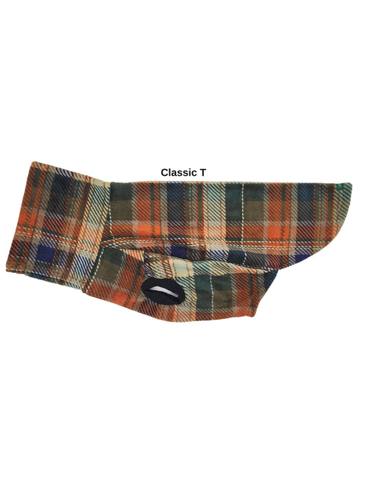 Side view of the Classic T style, Jax & Molly's Harvest Tartan Dog Sweater with a rustic  orange, green and blue plaid print.