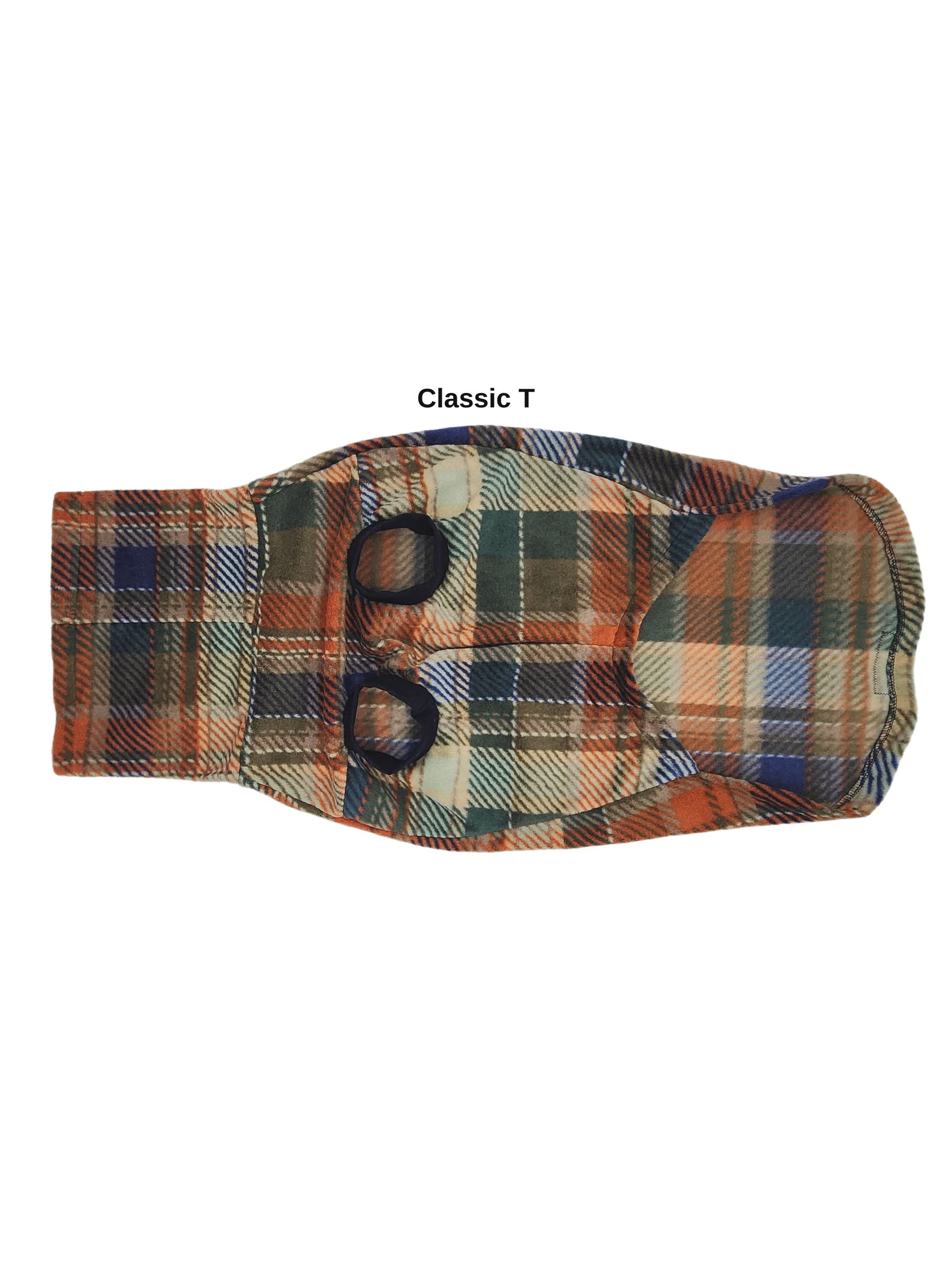 Underbelly view of the Classic T style, Jax & Molly's Harvest Tartan Dog Sweater with a rustic  orange, green and blue plaid print.